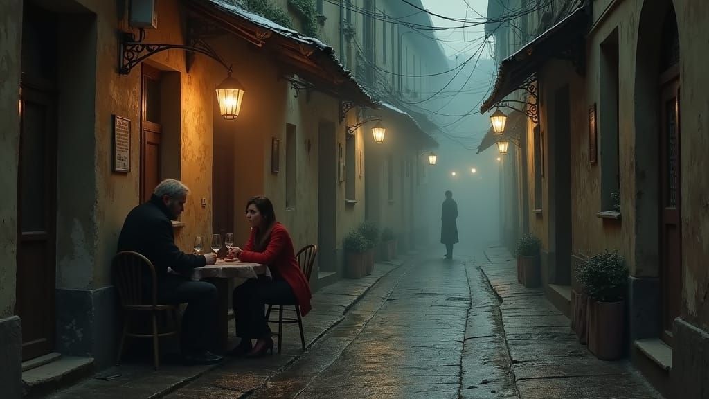 Foggy 19th Century Alley Cafe Scene