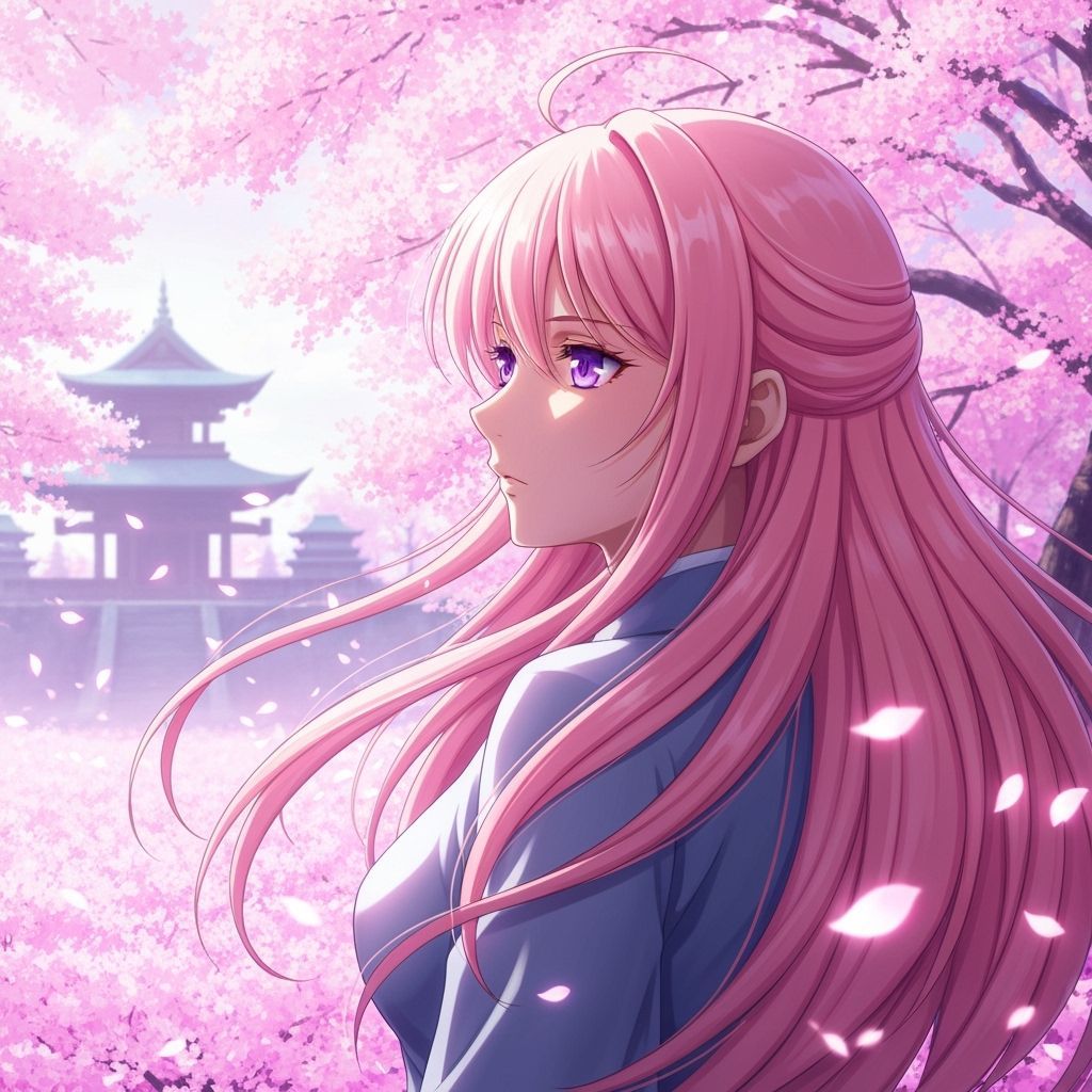Anime Woman in Cherry Blossom Field