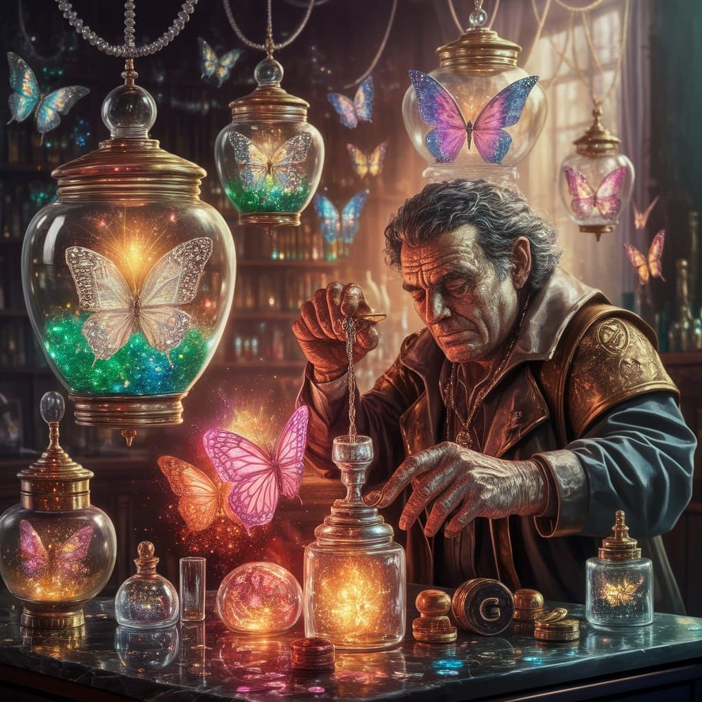 Alchemist Mixes Potion with Glowing Butterflies in Glitz Art...