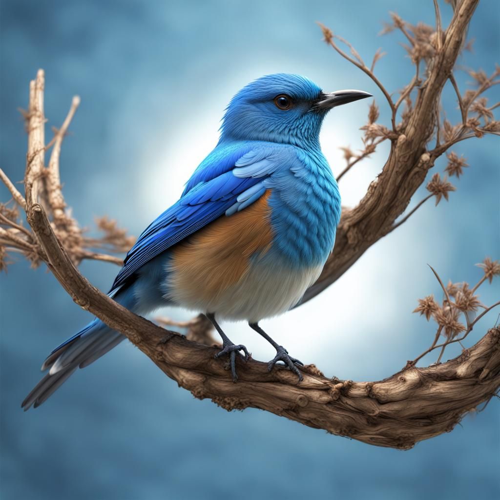 Blue Bird Displays Wings in Volumetric Lighting