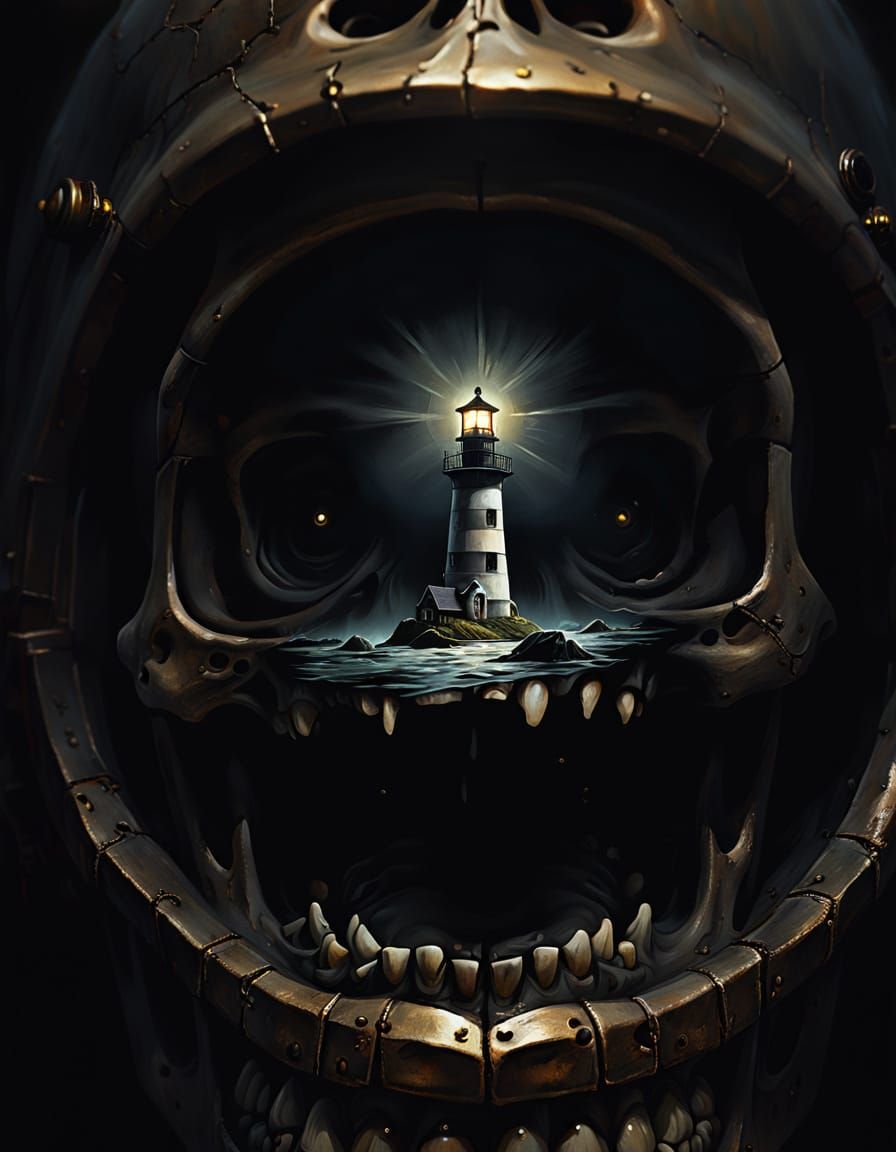 Eerie Lighthouse in Skull Eye, Gothic Horror Oil Painting