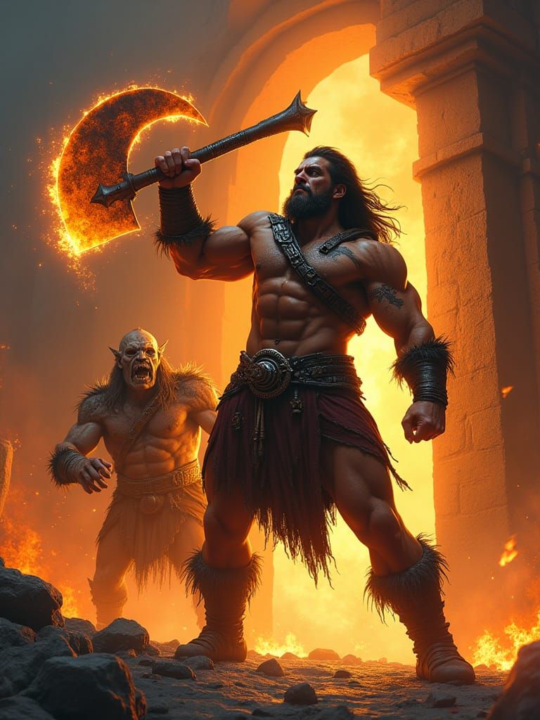 Warrior Throws Axe at Orc in Burning Building