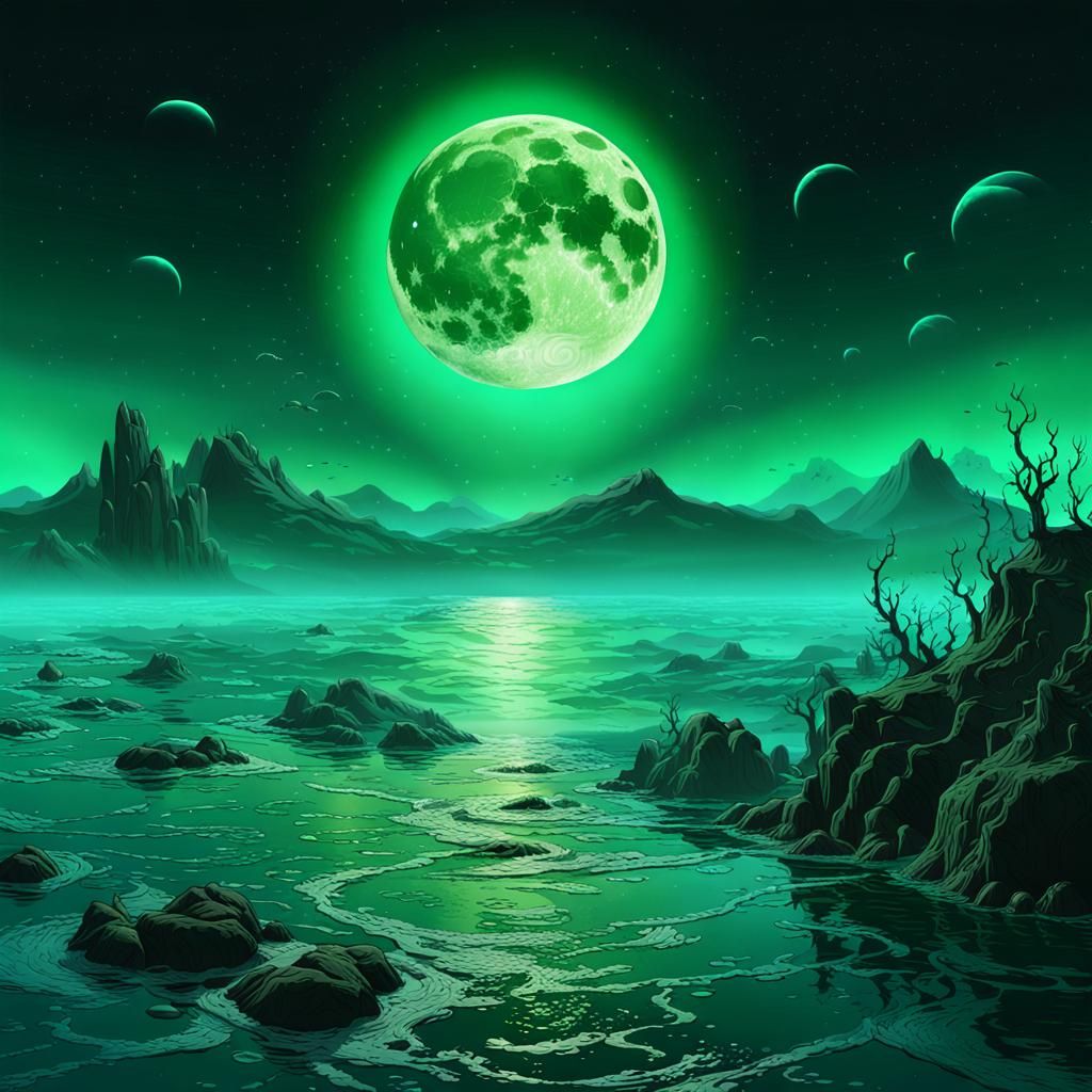 Green Moon Over Bioluminescent Fantasy Sea
