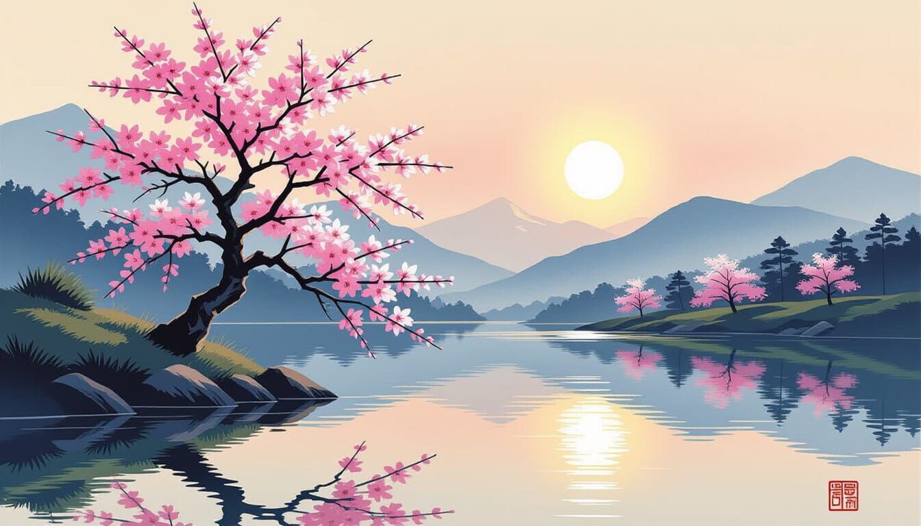 Cherry Blossom Tree by River at Sunset