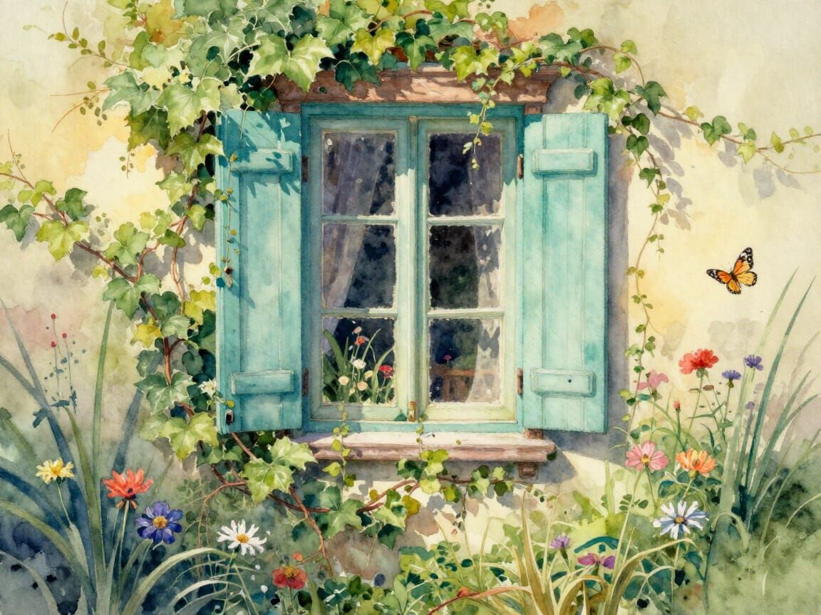 Serene Watercolor Window with Ivy and Garden