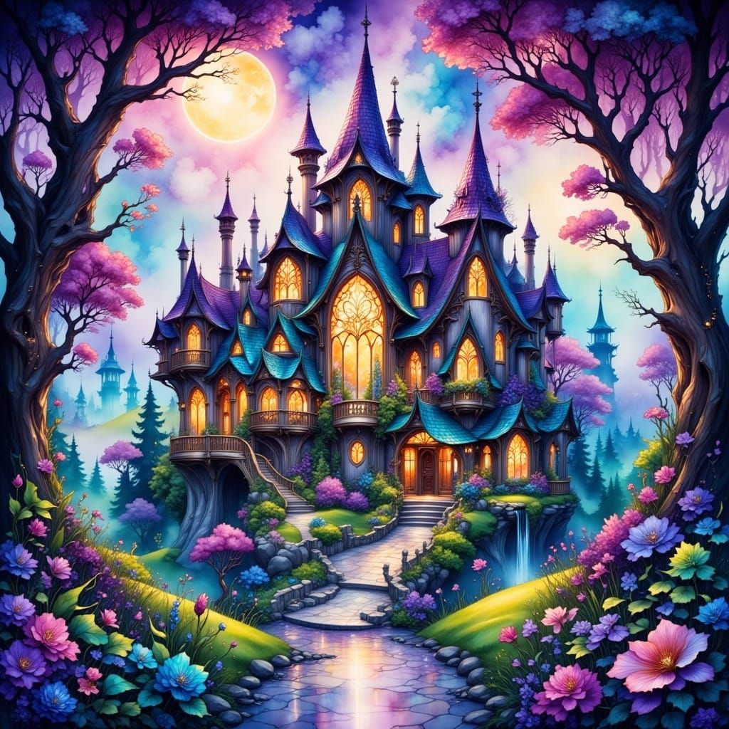 Whimsical Magical Palace in Watercolour Landscape