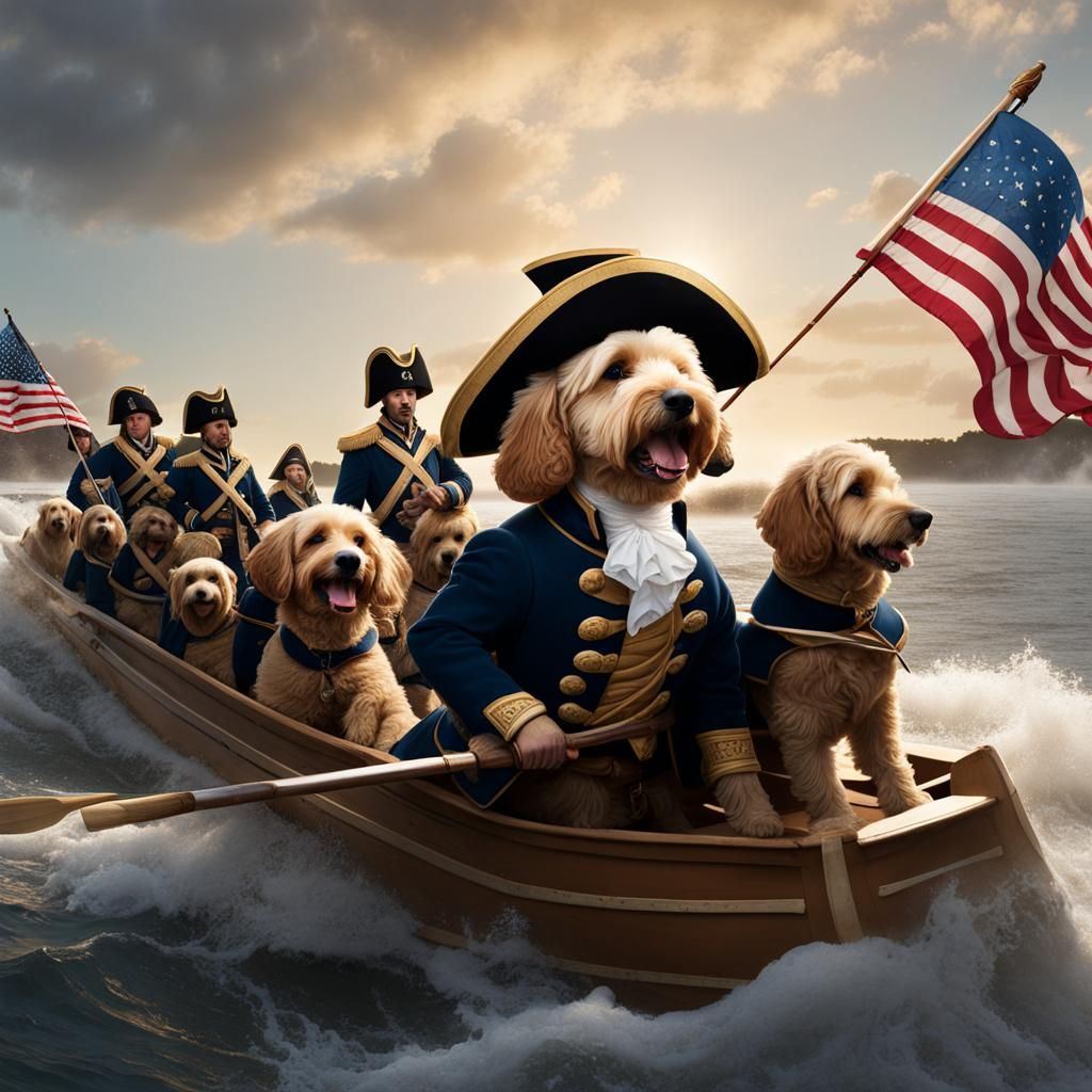 Goldendoodle as Washington Crossing the Delaware