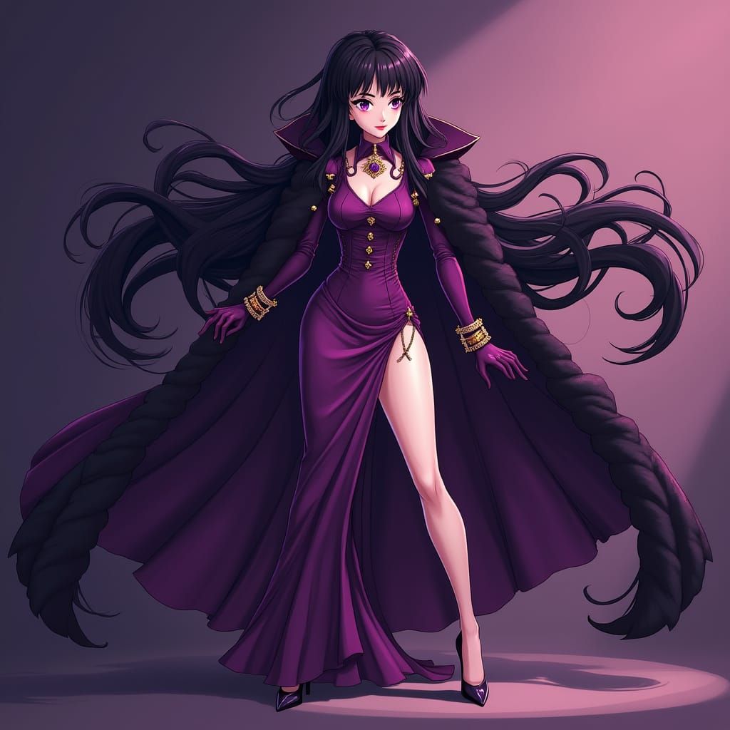 Anime Villainess in Purple Dress with Flowing Cape