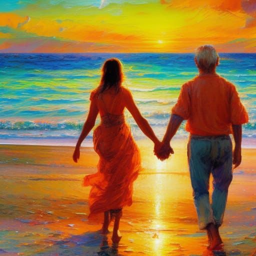 Romantic Sunset Walk: Neo-Impressionist Style Oil Painting