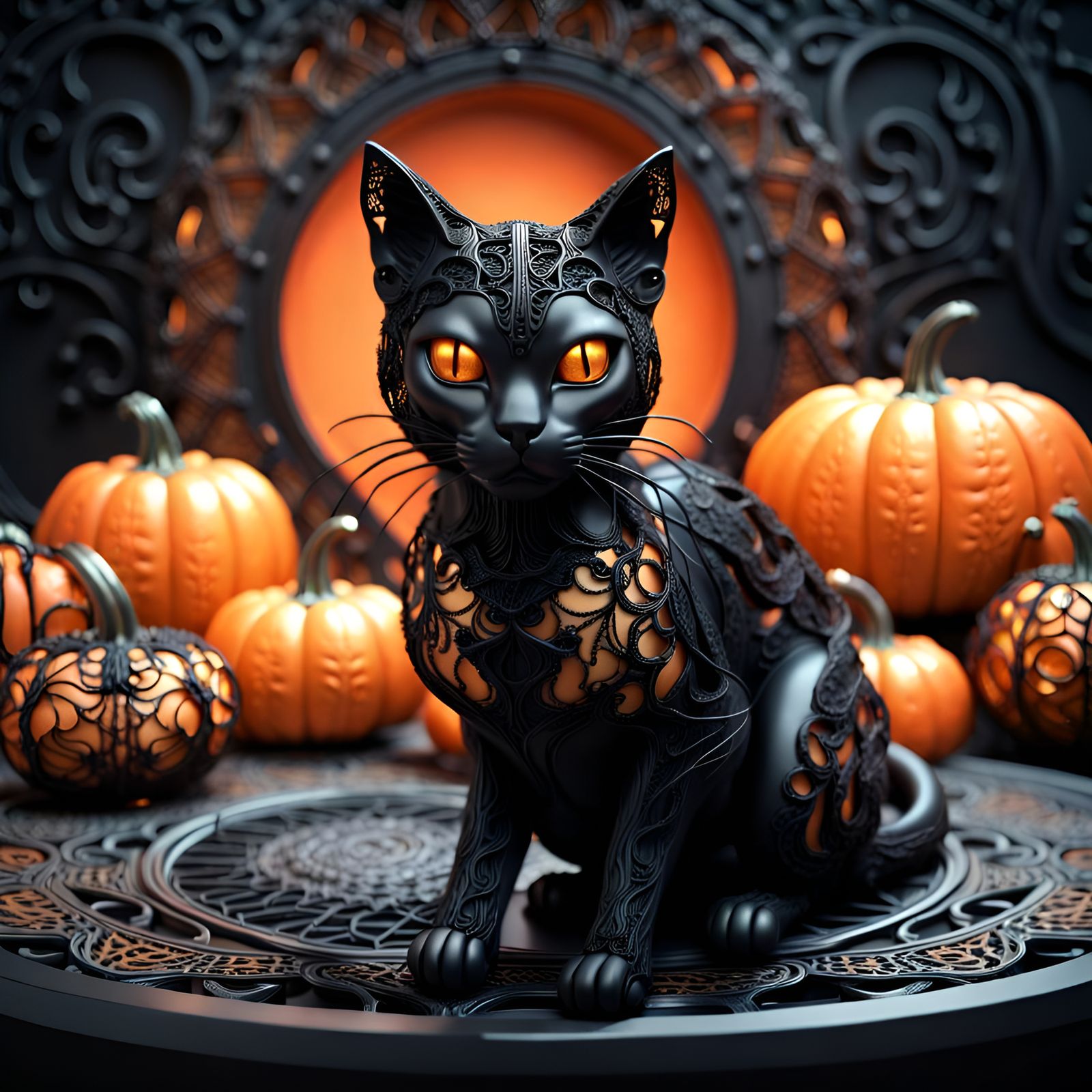 Lace Black Cat with Pumpkins in Cyberpunk Style