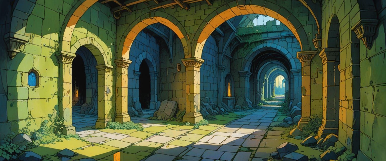 Abandoned Castle Passageway with Mirrors in Comic Book Style