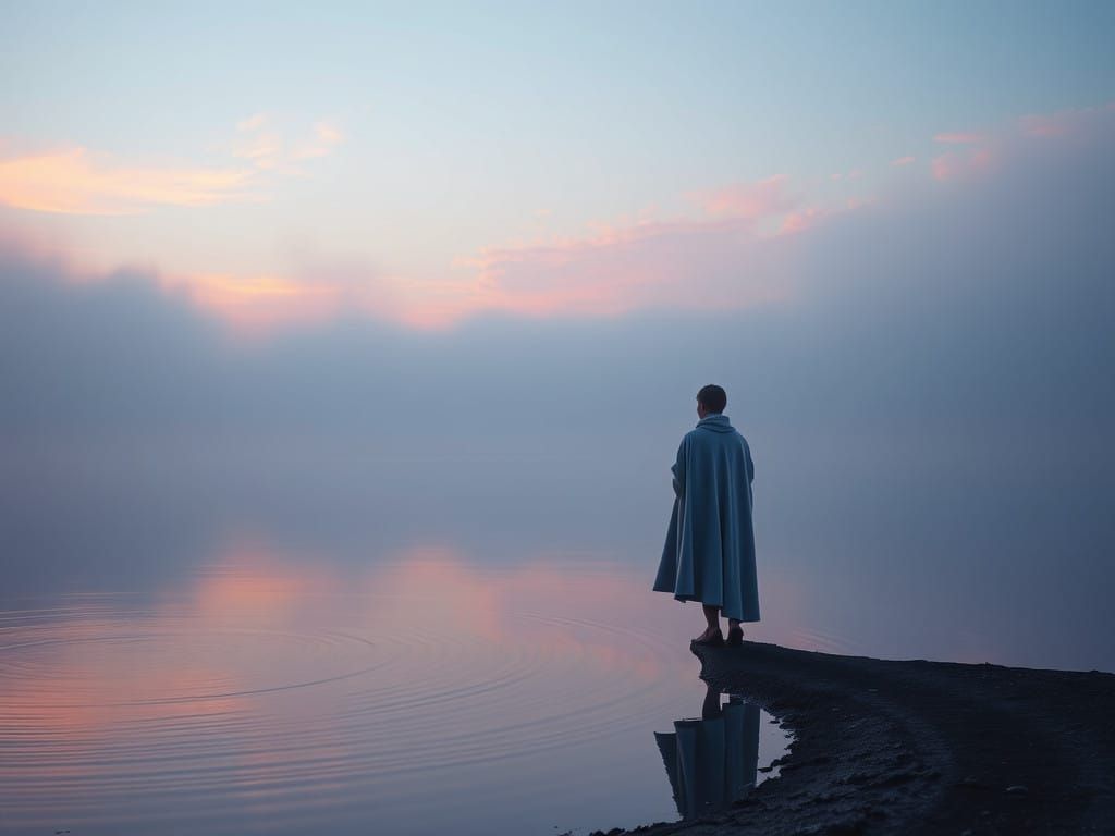 Solitary Figure Amidst Misty Dawn Lake