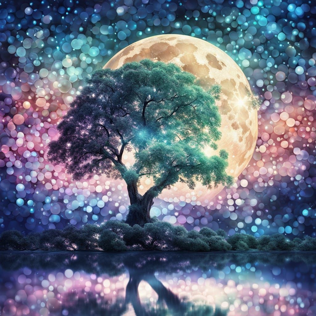 Pearlescent Mosaic Tree Under Moon