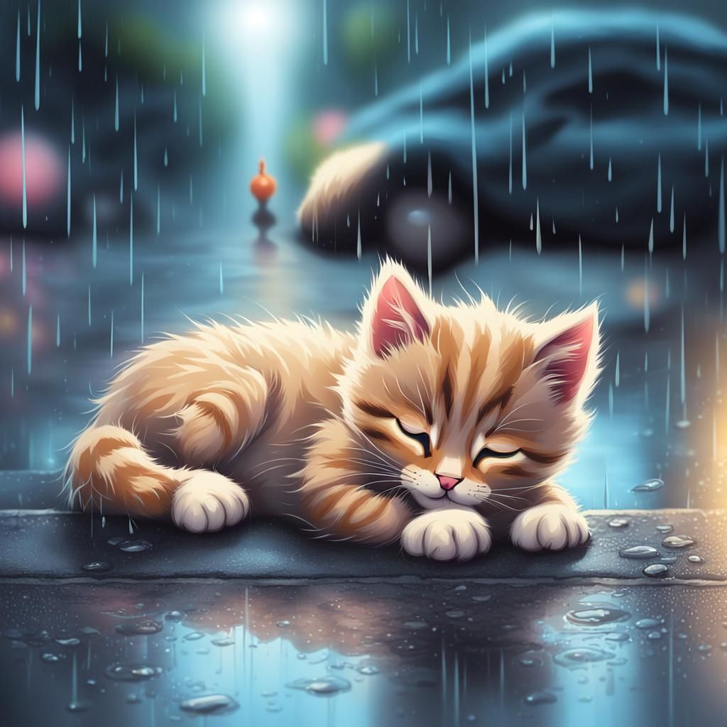 Cartoon Kitten Sleeping in the Rain