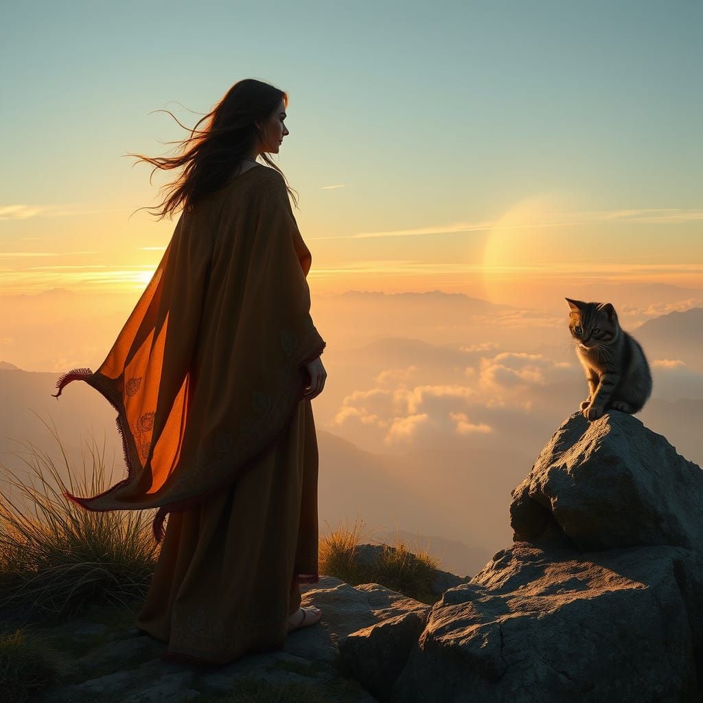 Woman and Kitten on Windswept Clifftop in Whimsical Fantasy....