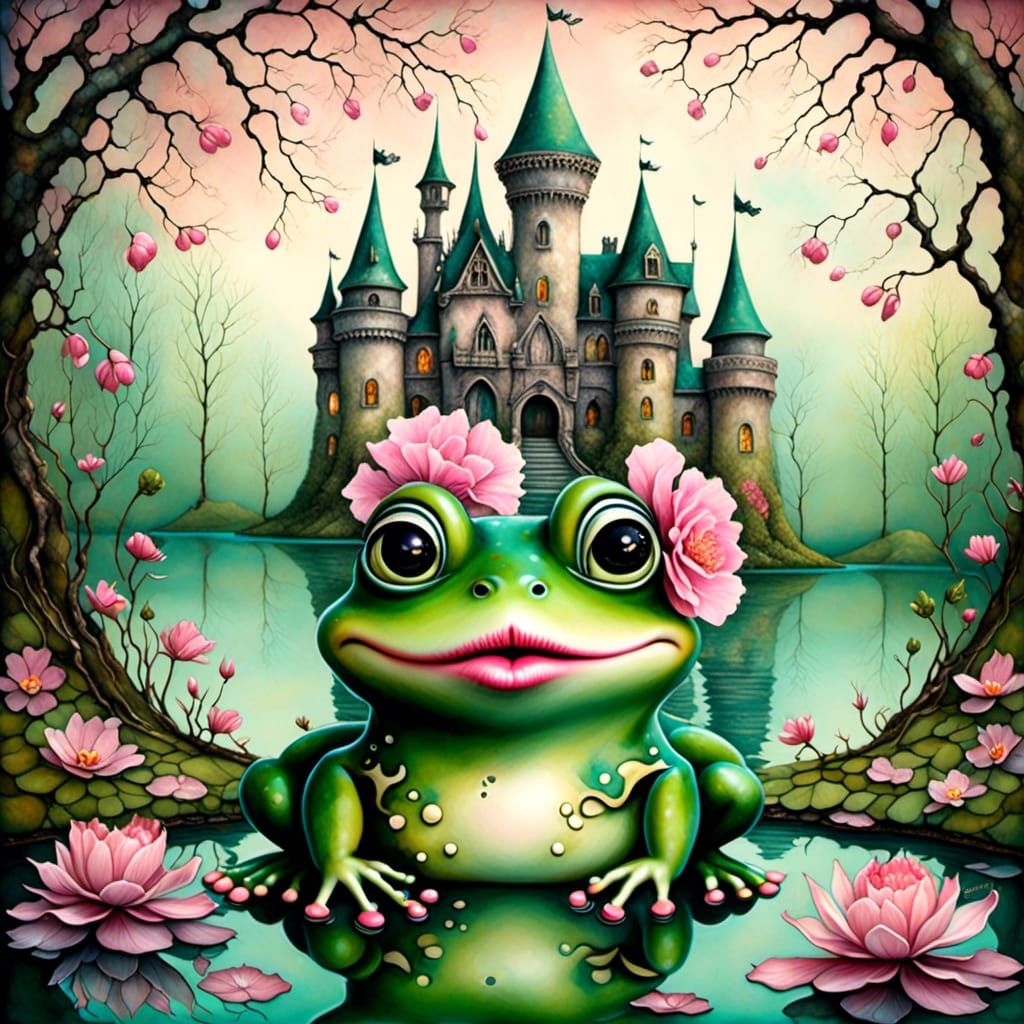 Fairytale Kiss: Girl and Frog in Storybook Style