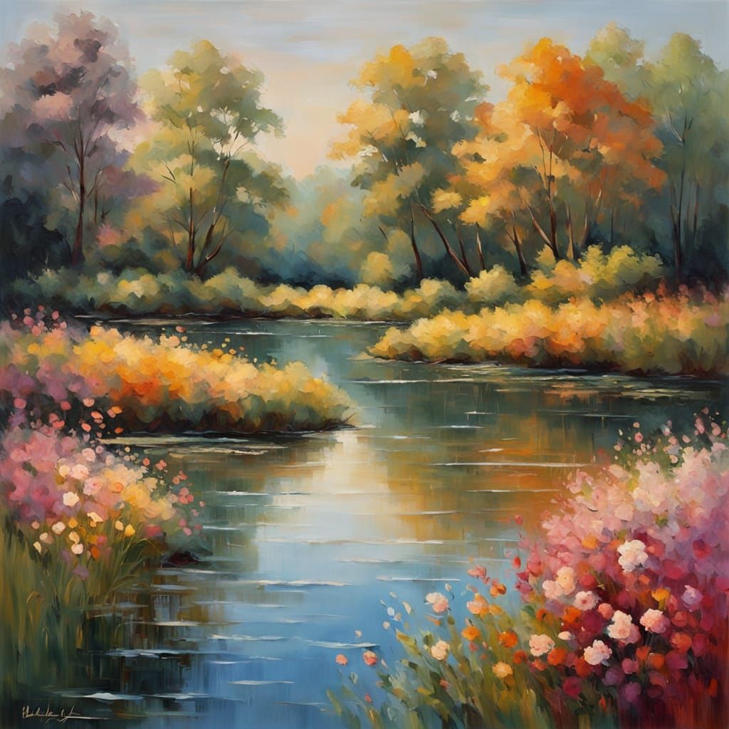 Impressionist Masterpiece: Vibrant Spring Scene with Bloomin...