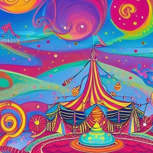 Abandoned Circus on Beach Under Blood Moon