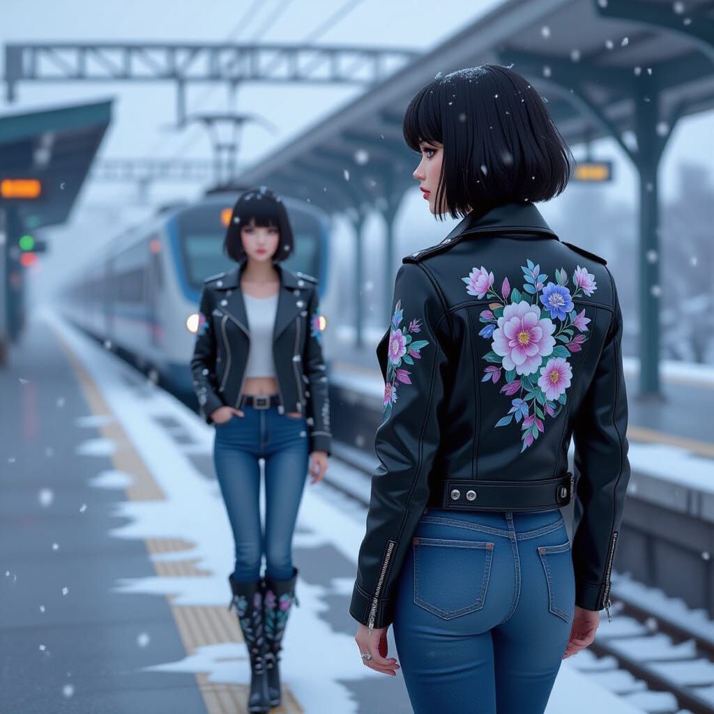 Anime Woman on Snowy Train Platform with Floral Jacket