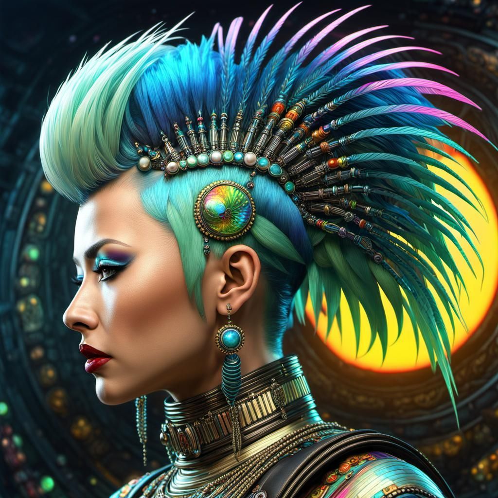 Psychedelic Mohawk Hairstyle: Hyperrealistic Digital Art