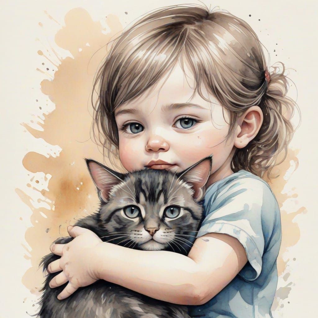 Watercolor Baby Girl Hugs Her Feline Friend in Intimate Port...