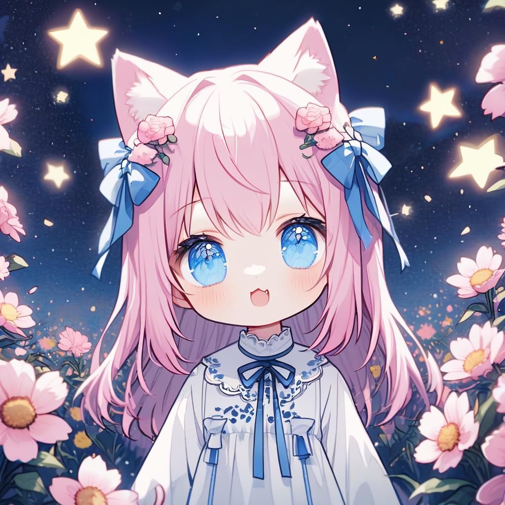 Adorable Chibi Catgirl with Pink Hair and Blue Eyes