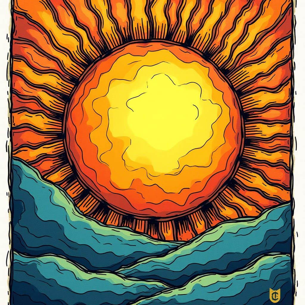 Comic Style Sun Tarot Card in Fine Liner