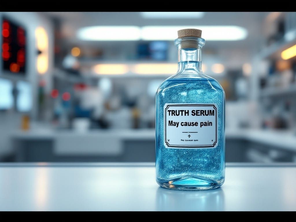 Surreal Pharmaceutical Bottle with Truth Serum Label in Futu...