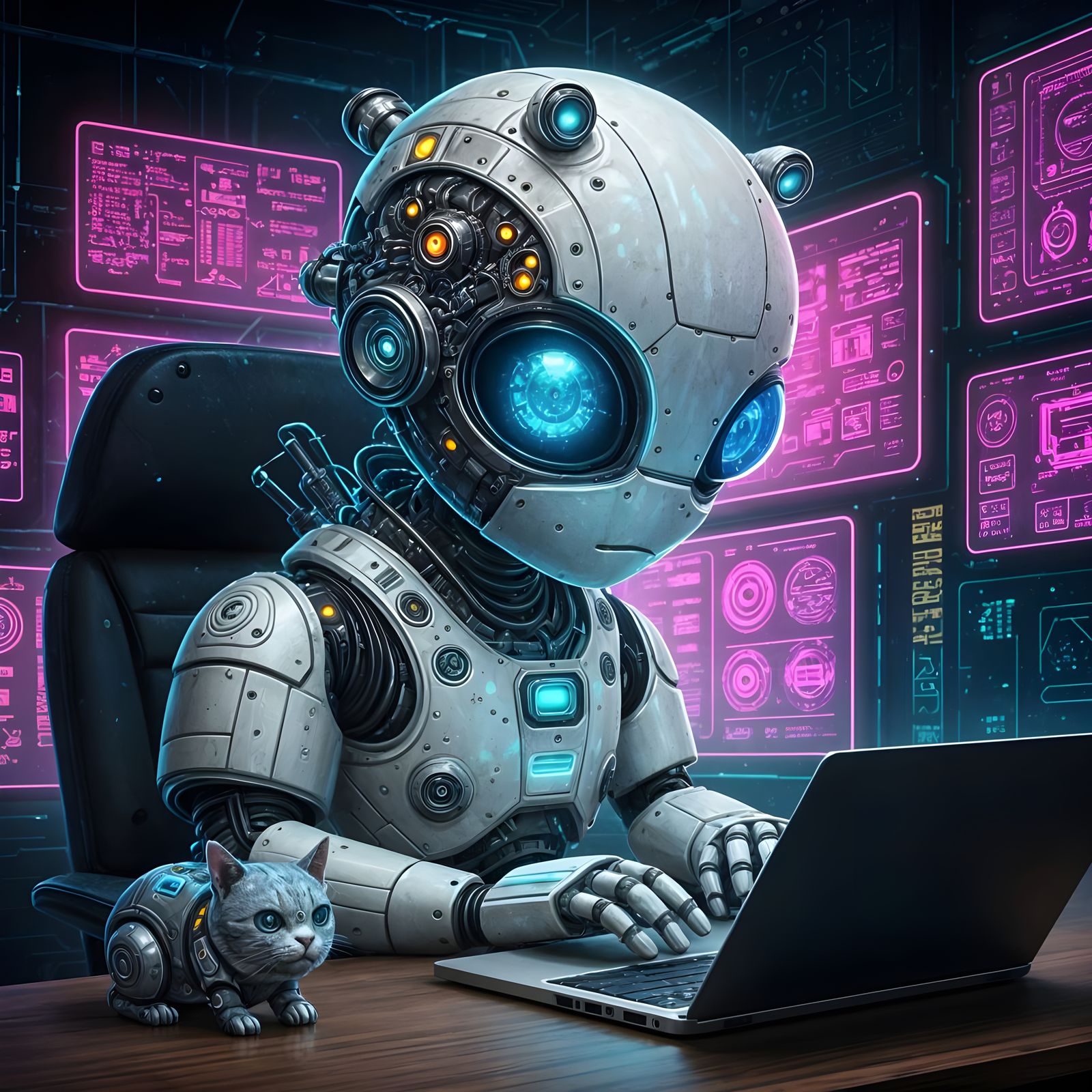 Cute Cybernetic Robot and Cat in Neon Cyberpunk City