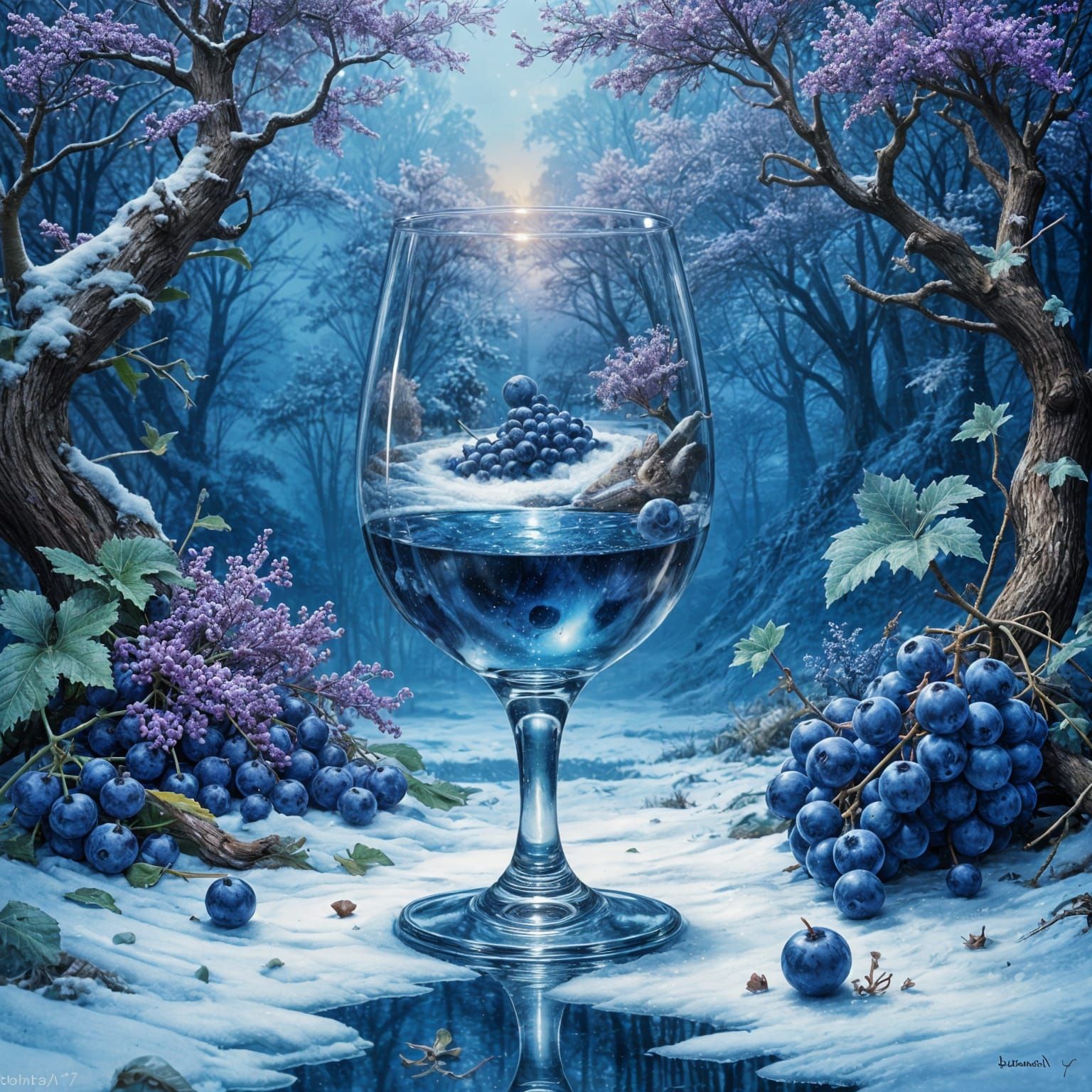 Glass of Blue Grapes with Winter Landscape Reflection