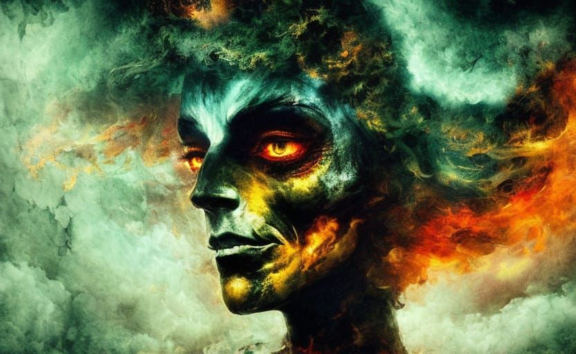 Debonaire Man with Flaming Pumpkin Head on Zombie Horse