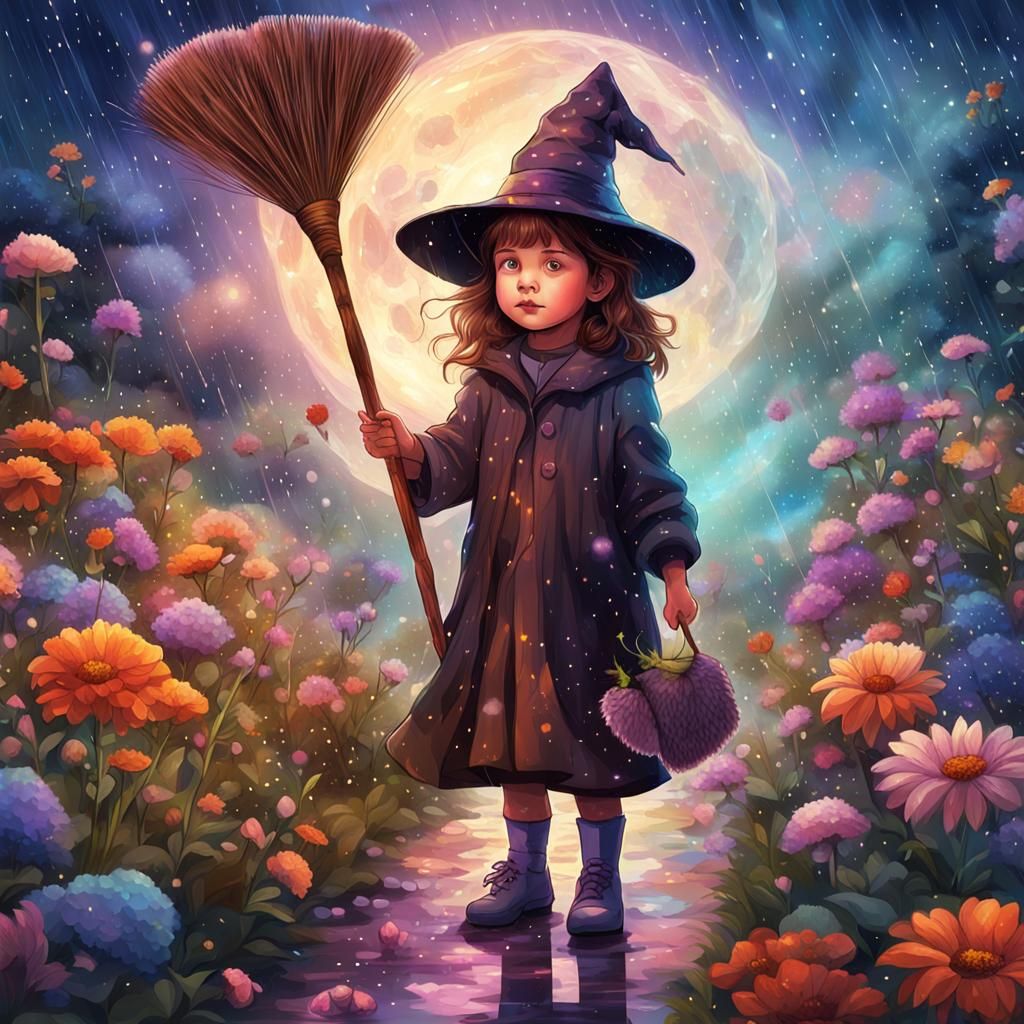 Cute Witch Child in Rainy Flower Garden