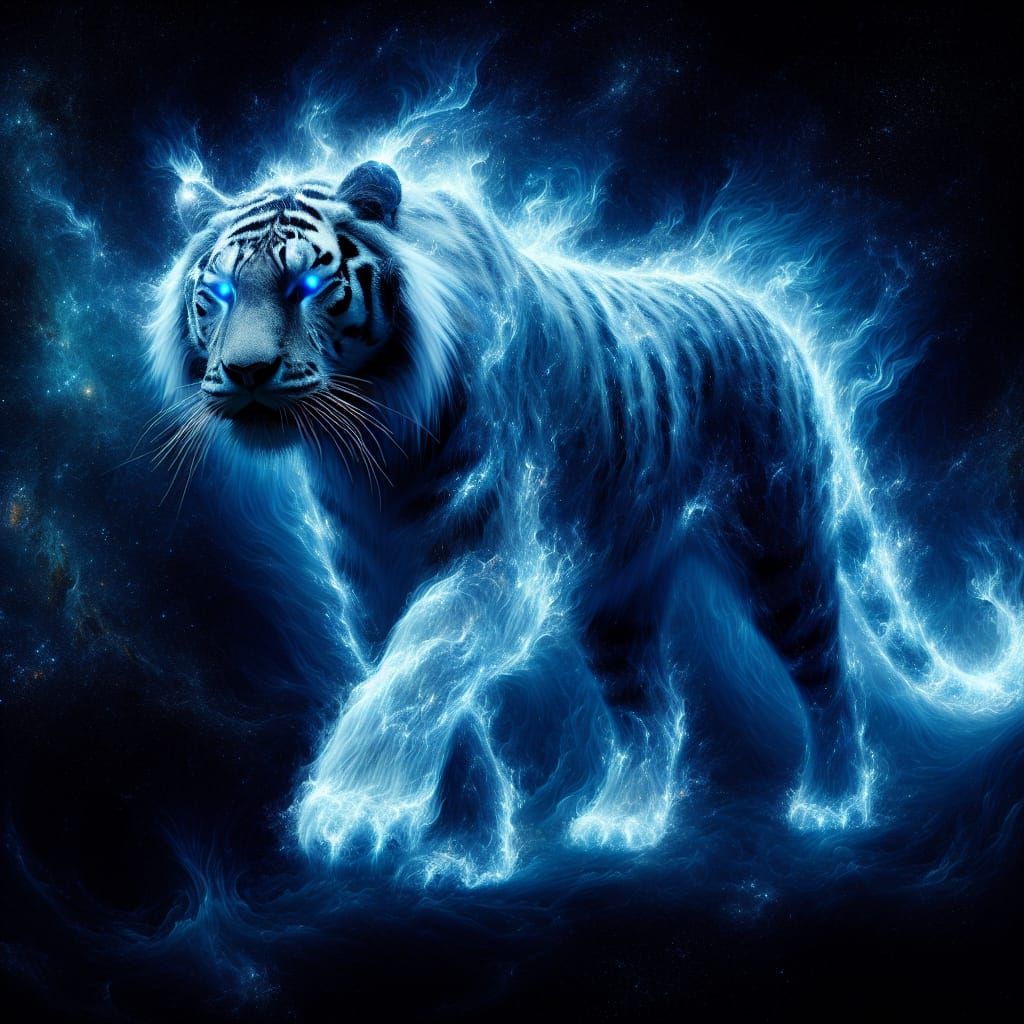 Blue Flame Tiger Emerges From Cosmic Darkness