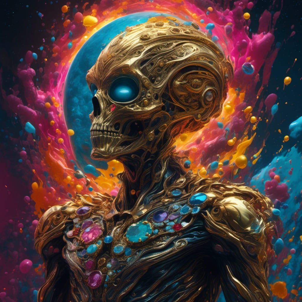 Golden Alien Figure Under Night Sky in Graffiti Style