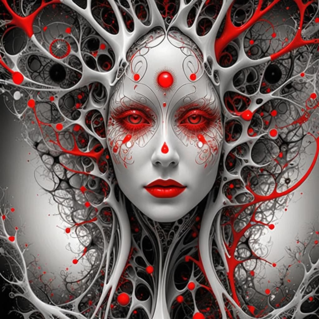 Abstract Fractal Face in Red, White, and Black