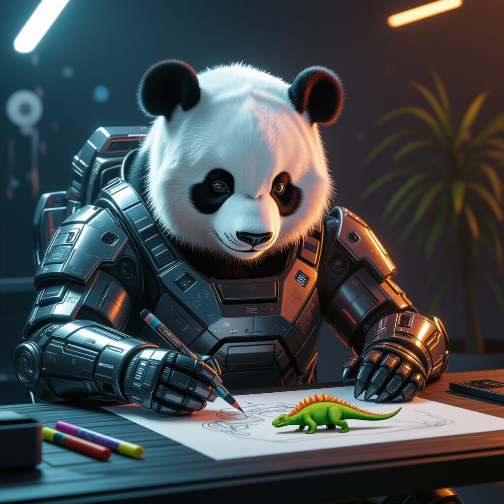 Panda Bear Drawing Dinosaurs in Futuristic Exoskeleton