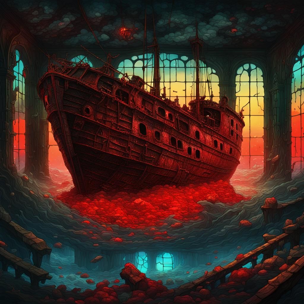 Bioluminescent Shipwreck in the Deep Sea