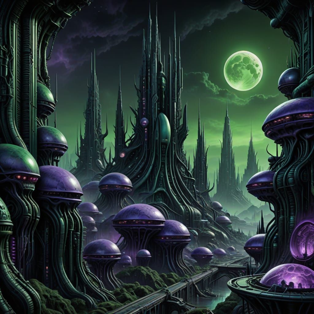 Alien City in H.R. Giger Style with Metallic Details