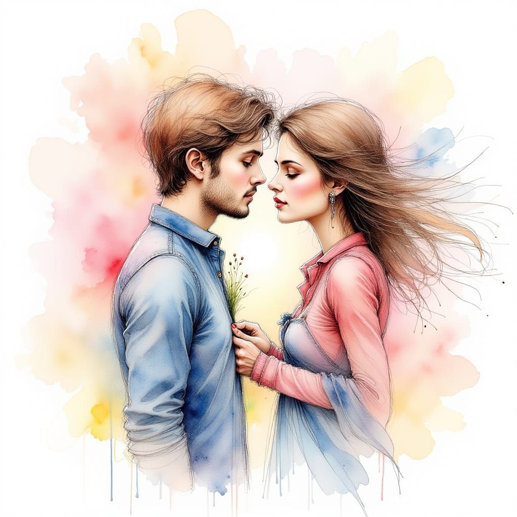 Romantic Couple in Color Pencil with Crosshatching