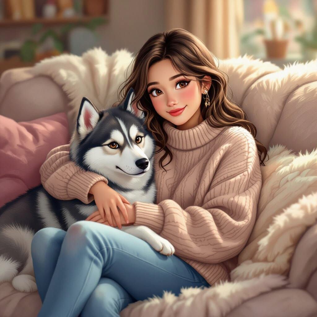 Girl Snuggling with Husky on Plush Couch