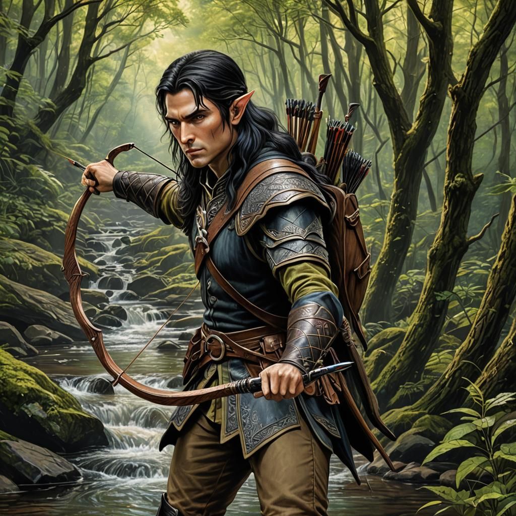 Half-Elf Ranger in Forest, Colored Pencil Drawing