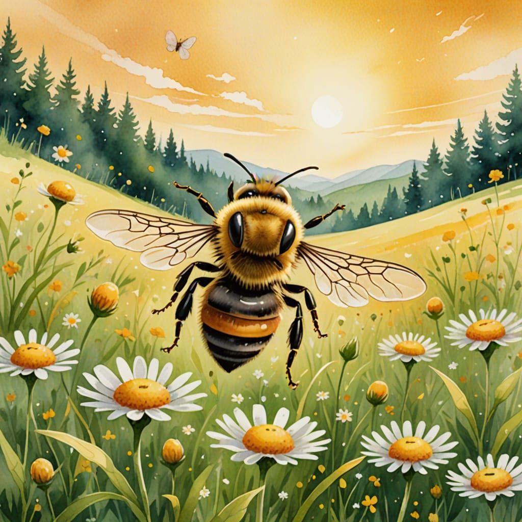 Whimsical Honeybee in Sunny Watercolor Meadow