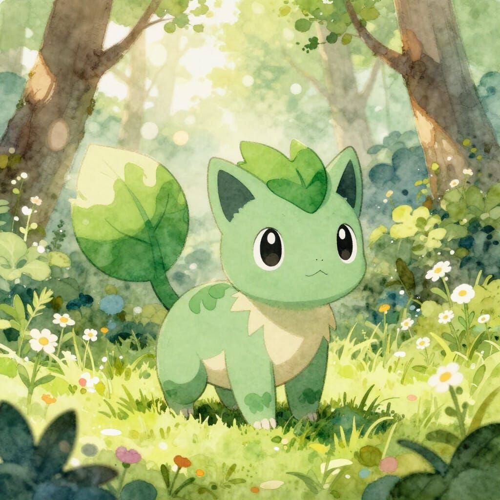 Cute Grass Cat Creature in Enchanted Forest Watercolor