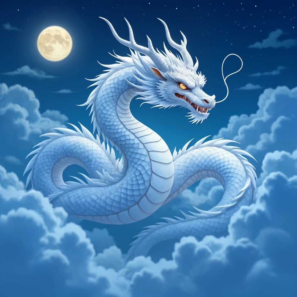 White Dragon Gliding Through Midnight Clouds