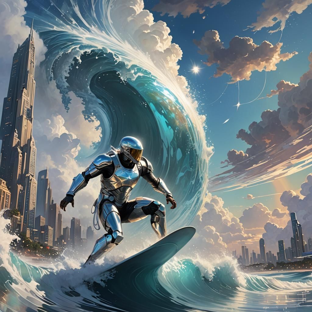 Futuristic Surfer Rides Crystalline Wave Under Starry Sky