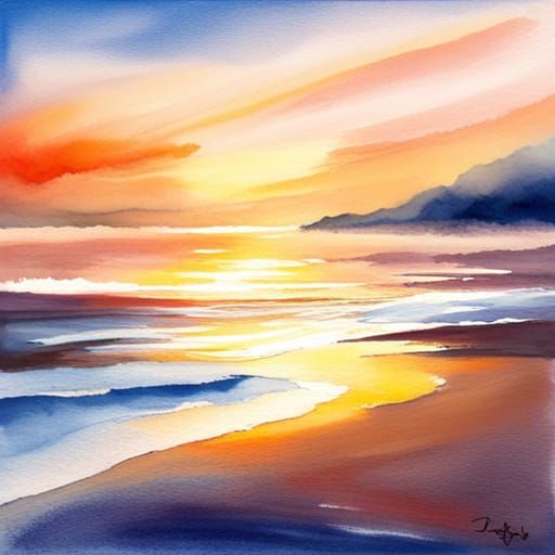 Watercolor Sunset Over Beach Landscape