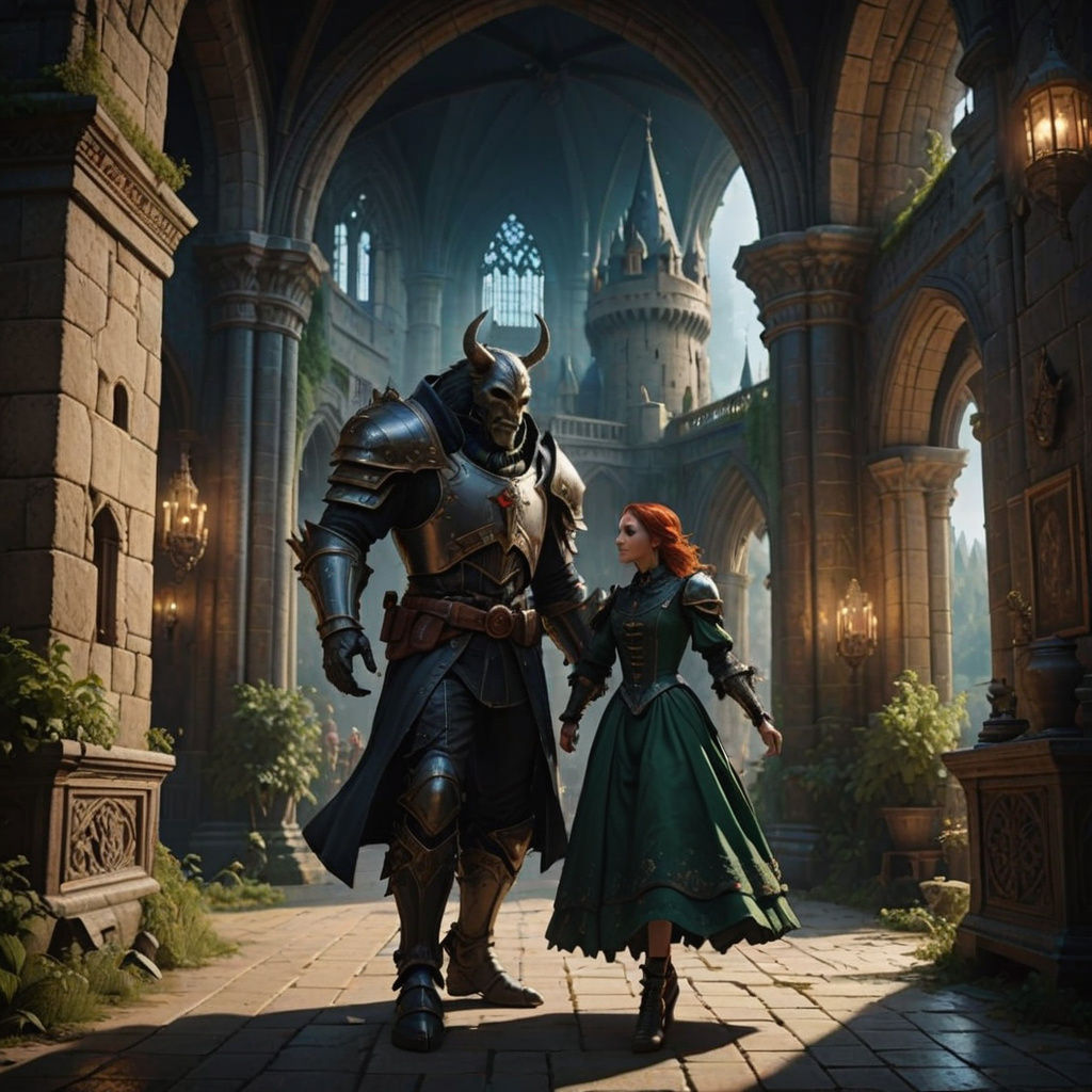 Gothic Knight Invites Peasant to Dance in Enchanted Castle
