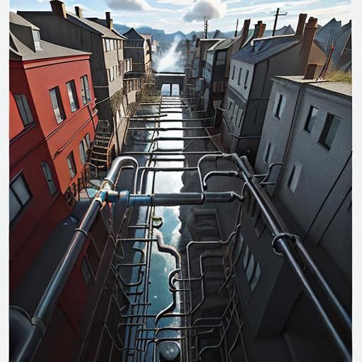 Steampunk Cityscape: Colorful Pipes in a Floating Metropolis