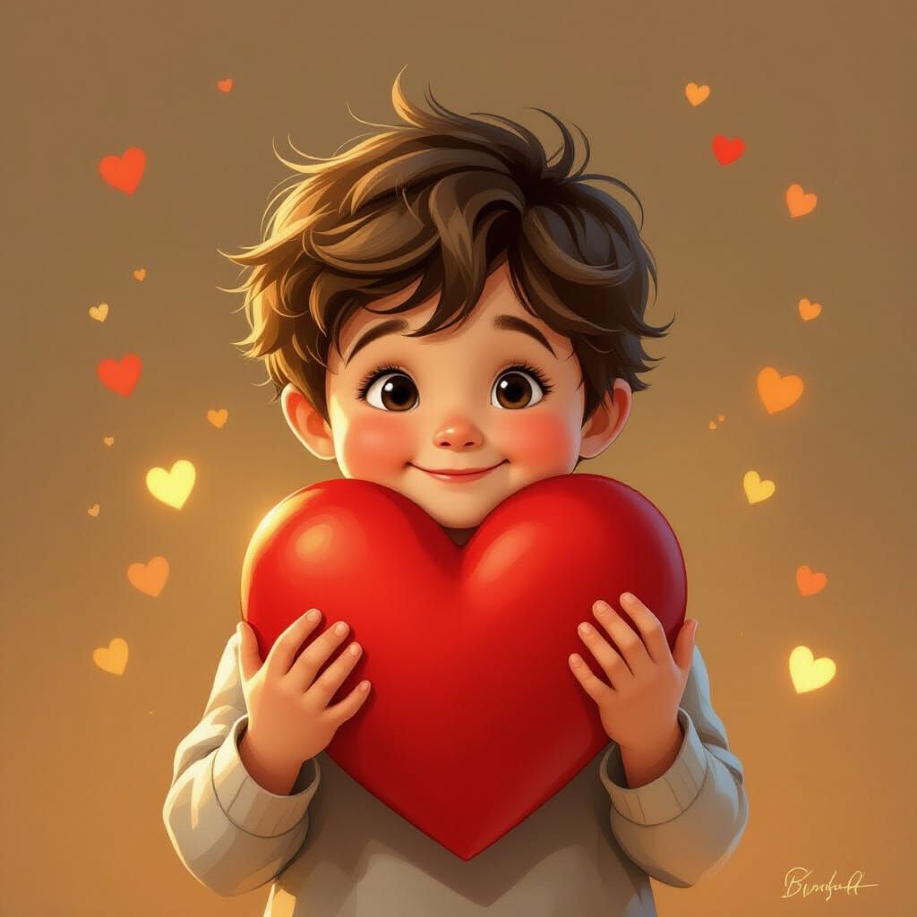 Boy Embraces Radiant Heart in Storybook Style