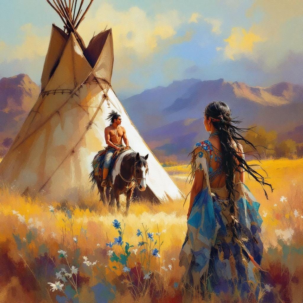 Native American Woman Welcomes Rider in Gouache Style